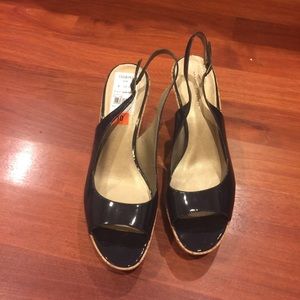 Blue patent leather Marc Fisher cork wedge.