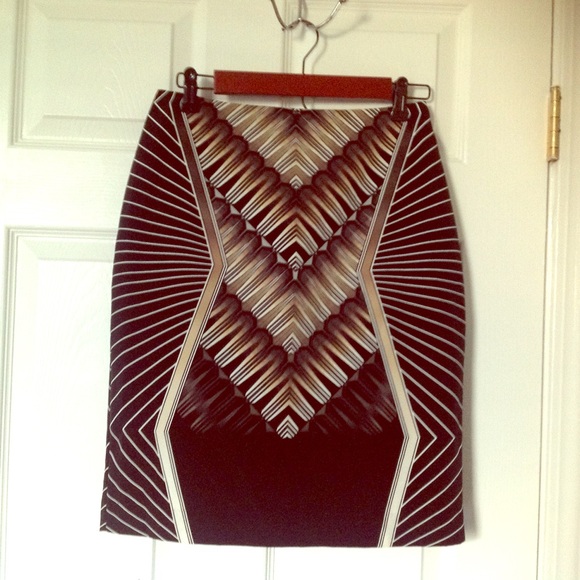 Patterned black, brown, and white pencil skirt