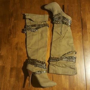 Army green chain, studded knee high boot heels