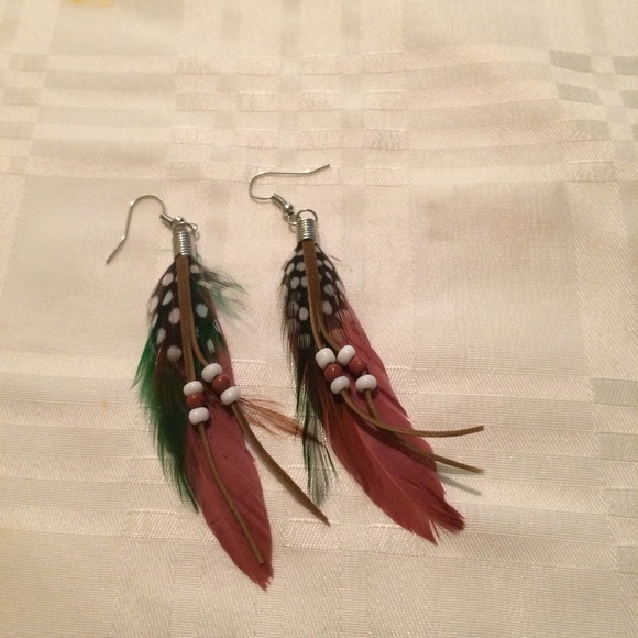 Feather earrings, tribal, Indian , boho style.