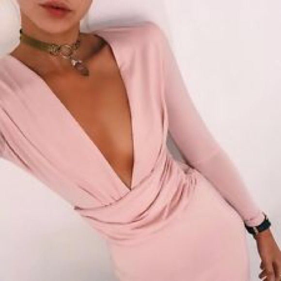 Pink long sleeve plunging neckline lioness dress