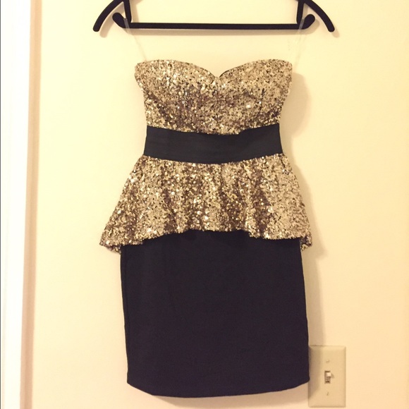 Glitzy Sequined Black & Gold Peplum Dress