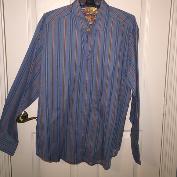 Men's blue with green & orange stripe button up