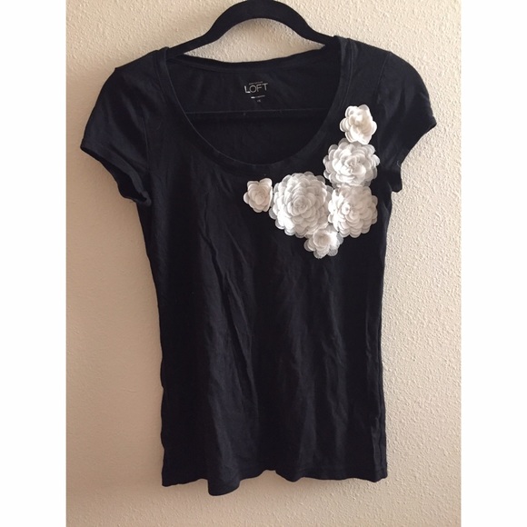 Ann Taylor Loft Black Top w/Floral Designs