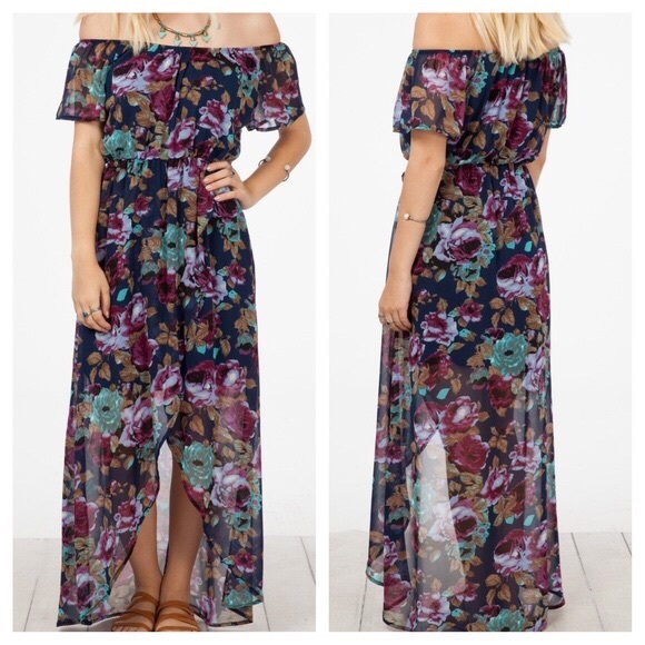 FLORAL MAXI Printed Off the Shoulder Dress Draped - Picture 4 of 4