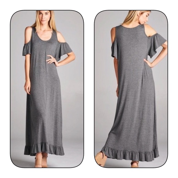 Stunning gray ruffled cold shoulder maxi - Picture 2 of 2