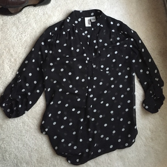 Tops - Black polka dot roll sleeve blouse
