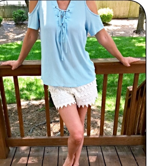 Tops - Sky blue cold shoulder lace up top! DELETING