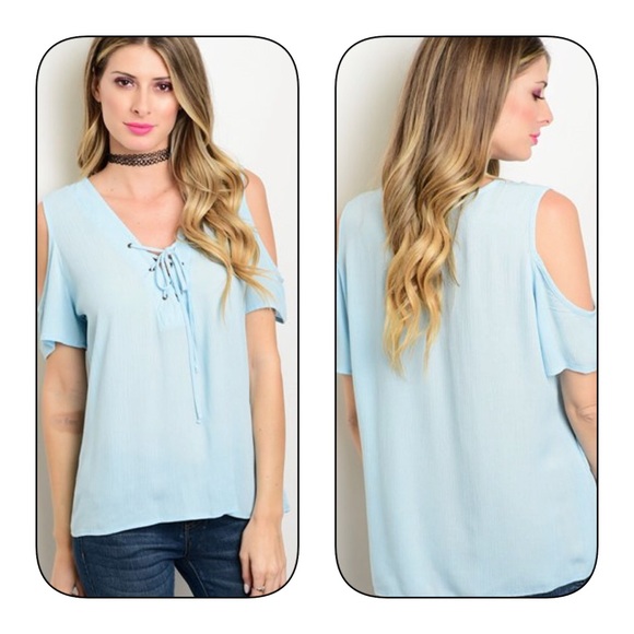 Sky blue cold shoulder lace up top! DELETING - Picture 2 of 2