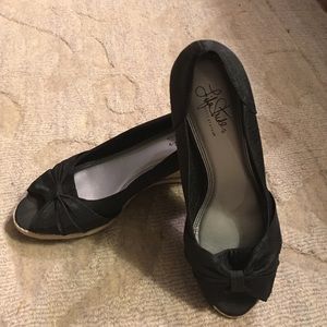 Peep Toe Black Satin Espadrille Wedges