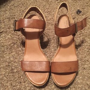 Dark tan strap sandals with 4" wedge