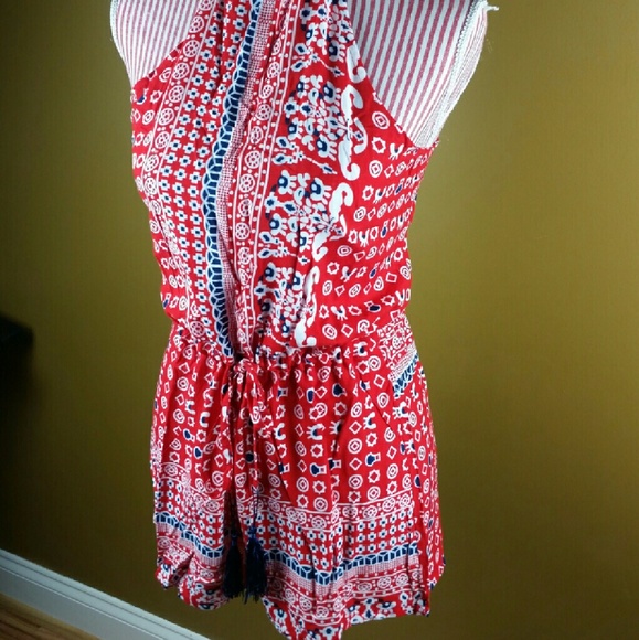 LAST ONE! Red and Navy Blue Printed Halter Romper - Picture 2 of 3