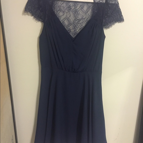 Navy dress with sweetheart neck and lace detail