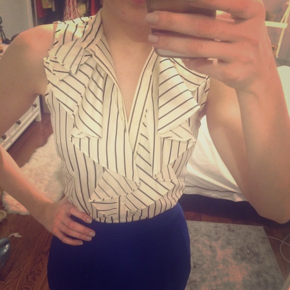 Rugby RL Striped Silk Ruffle Blouse