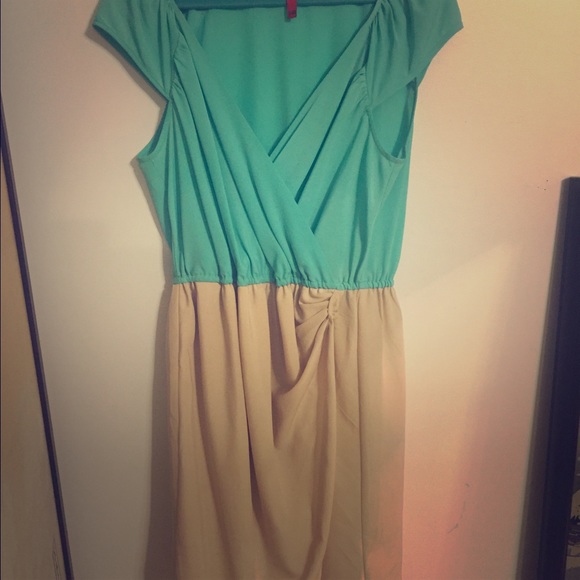 Light and airy khaki and teal summer dress