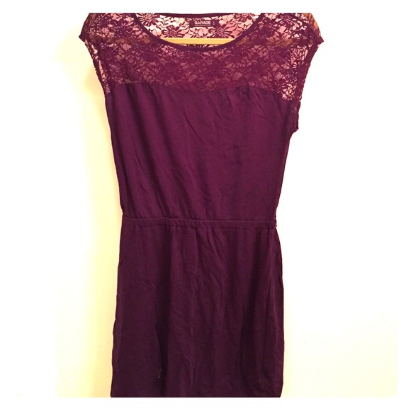 Purple waist-cinch dress with lace upper half