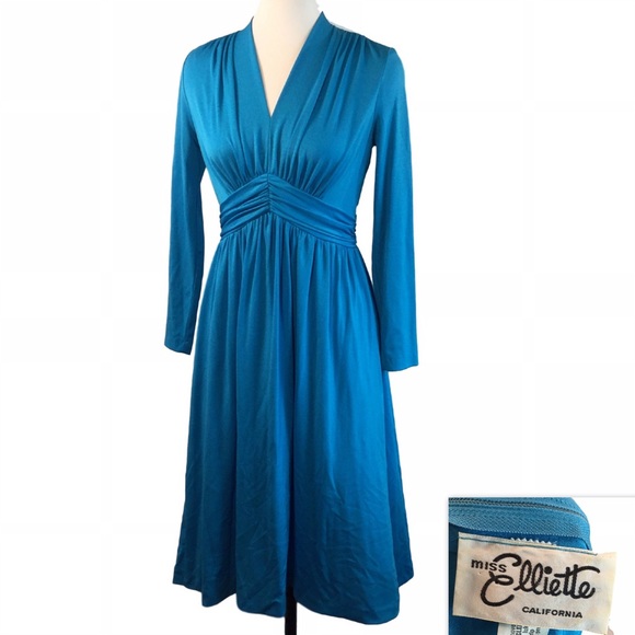SOLD Vtg Miss Elliette Blue Slinky Disco Queen Dress - Picture 1 of 3