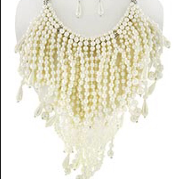 Multi Strand Fringe Pearl Necklace & Earring Set