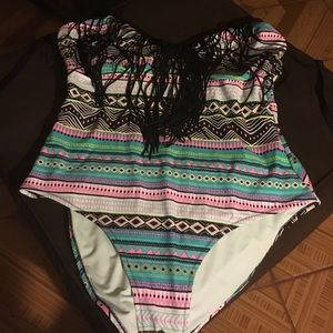 Geo print fringe top one piece bathing suit!