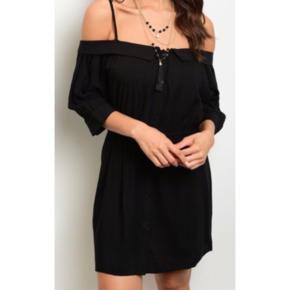 Hot & Delicious Dresses & Skirts - OFF THE SHOULDER BLACK BUTTON UP DRESS WITH STRAPS