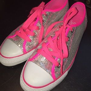 AMAZING neon pink and silver sequined kicks!