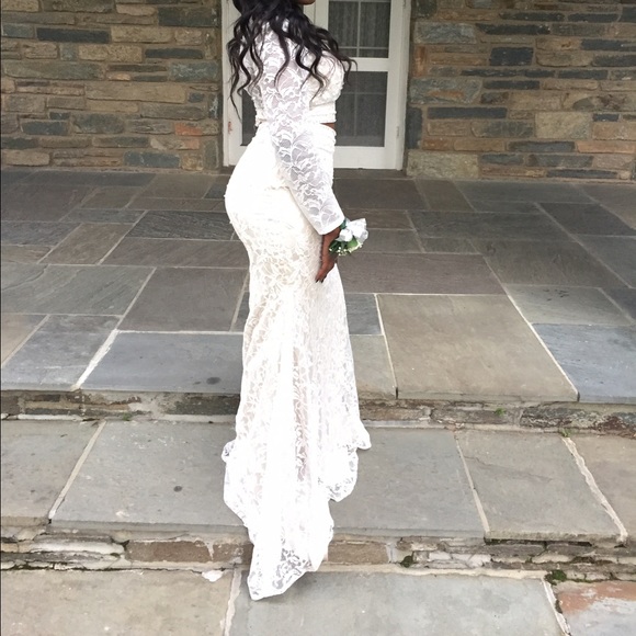 Two piece white lace prom dress