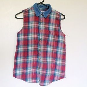 Krazy Kat Sleeveless Button Down with Denim Collar