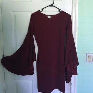 Maroon Body Con Dress with Bell Sleeves