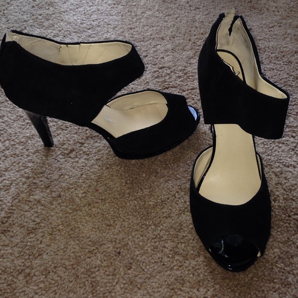 Black suede open toe heels