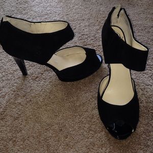 Black suede open toe heels