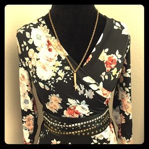 Black floral faux wrap maxi dress