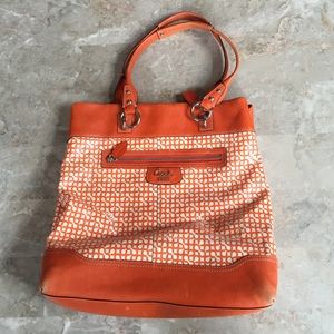 Orange printed polished leather shoulder tote