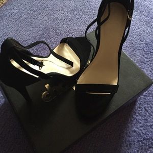 Black strappy heels, 5 inch heel.