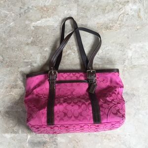 Magenta large Coach tote with leather handles
