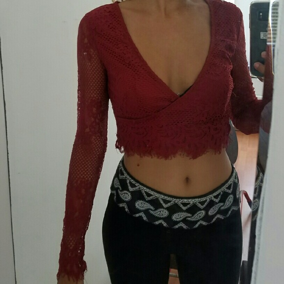 LF Lace Deep Red Long Sleeve Crop Top - Picture 2 of 3