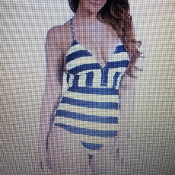 Triangle top navy & white striped backless suit