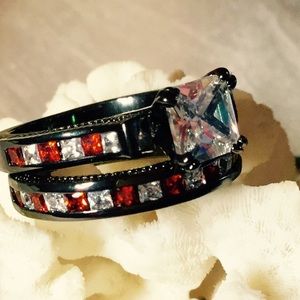 10K Black Gold, White Topaz, Red Garnets, Ring Set