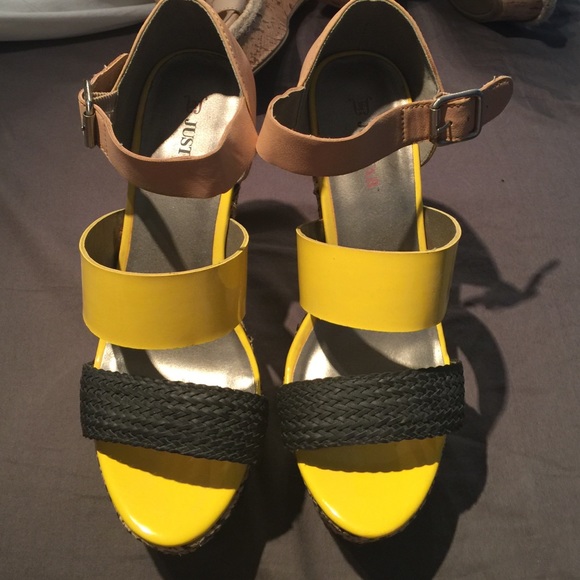 Nude, Black, and Yellow Wedges