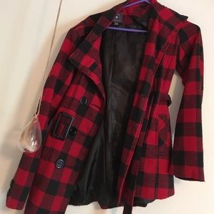 Red plaid pea coat