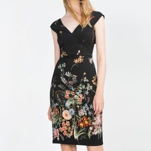 Zara Black Midi Floral Dress NWT XS