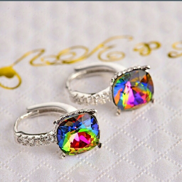 White Gold Filled Rainbow Mystic Fire Earrings - Picture 3 of 4