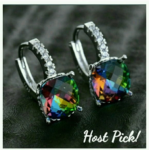 White Gold Filled Rainbow Mystic Fire Earrings - Picture 2 of 4