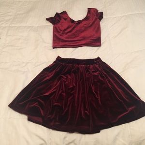 burgundy velvet crop top and skirt