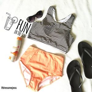🆕 High Waisted Swim Set - Striped and Peach