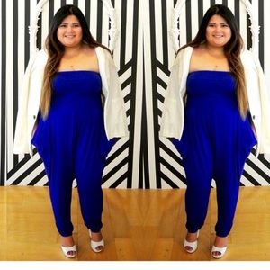 Cobalt blue tube jumpsuit.