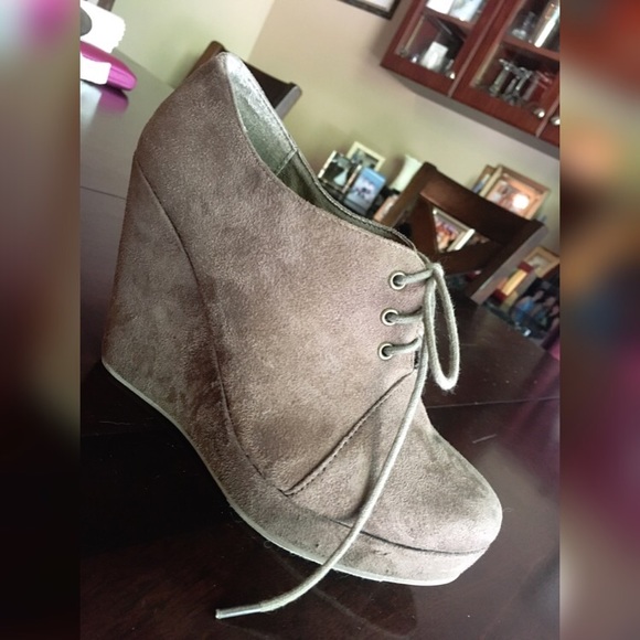 Grey Suede Lace-Up Wedge Booties
