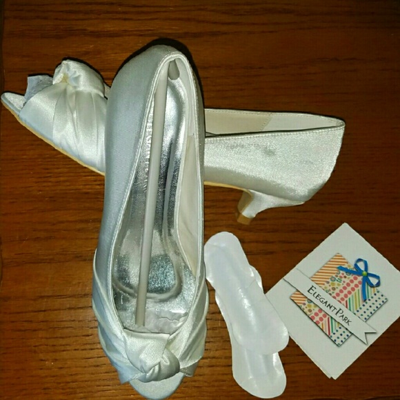 Low heel "wedding," ivory satin peep toe shoes