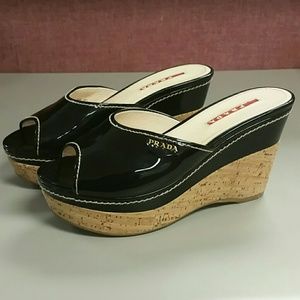 Prada Black Patent Leather Cork Wedged Sandals