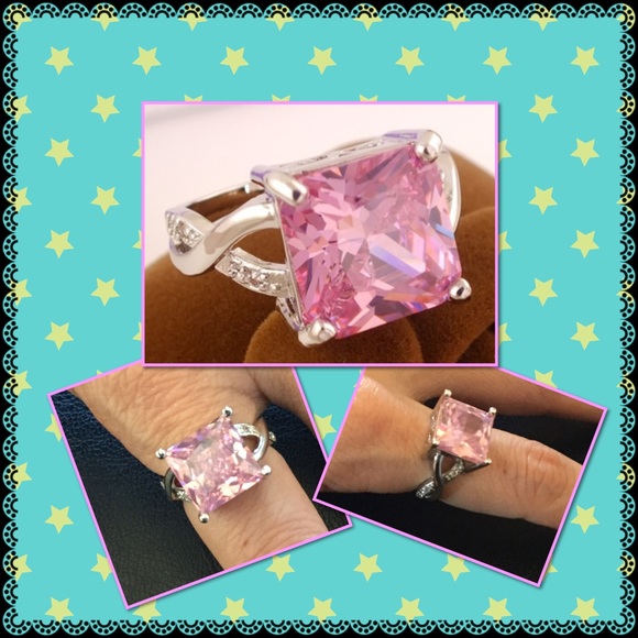 Elegant 925 Sterling Silver square pink CZ ring - Picture 2 of 3
