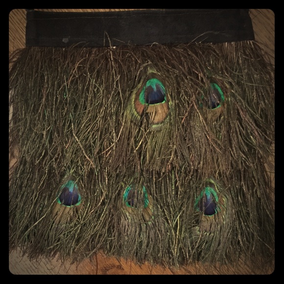 Brown & Black Velvet & Peacock Feather Purse